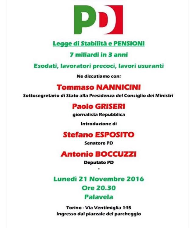 A Torino per parlare col PD di pensioni e di esodati